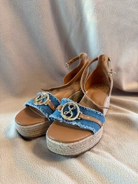 Sam & Libby Denim and Tan Espadrille Wedge Sandals with Gold Emblem